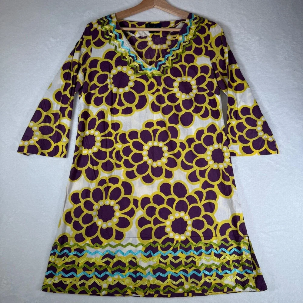 Boden Womens Floral Rickrack Trim Cotton Tunic Dress Purple Yellow WA222 Size 10 - Picture 2 of 9